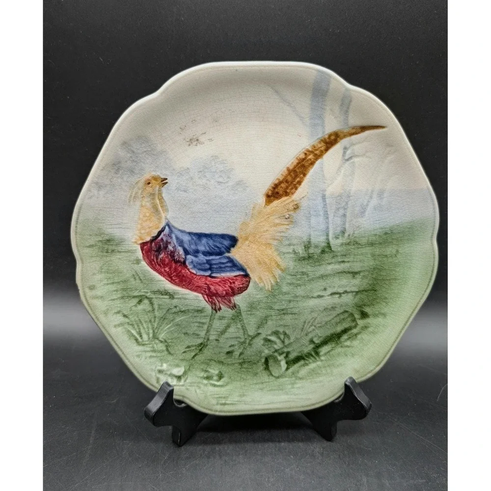 Antique Choisy-le-Roi H. Boulenger French‎ Majolica Pheasant Plate 8.5in
